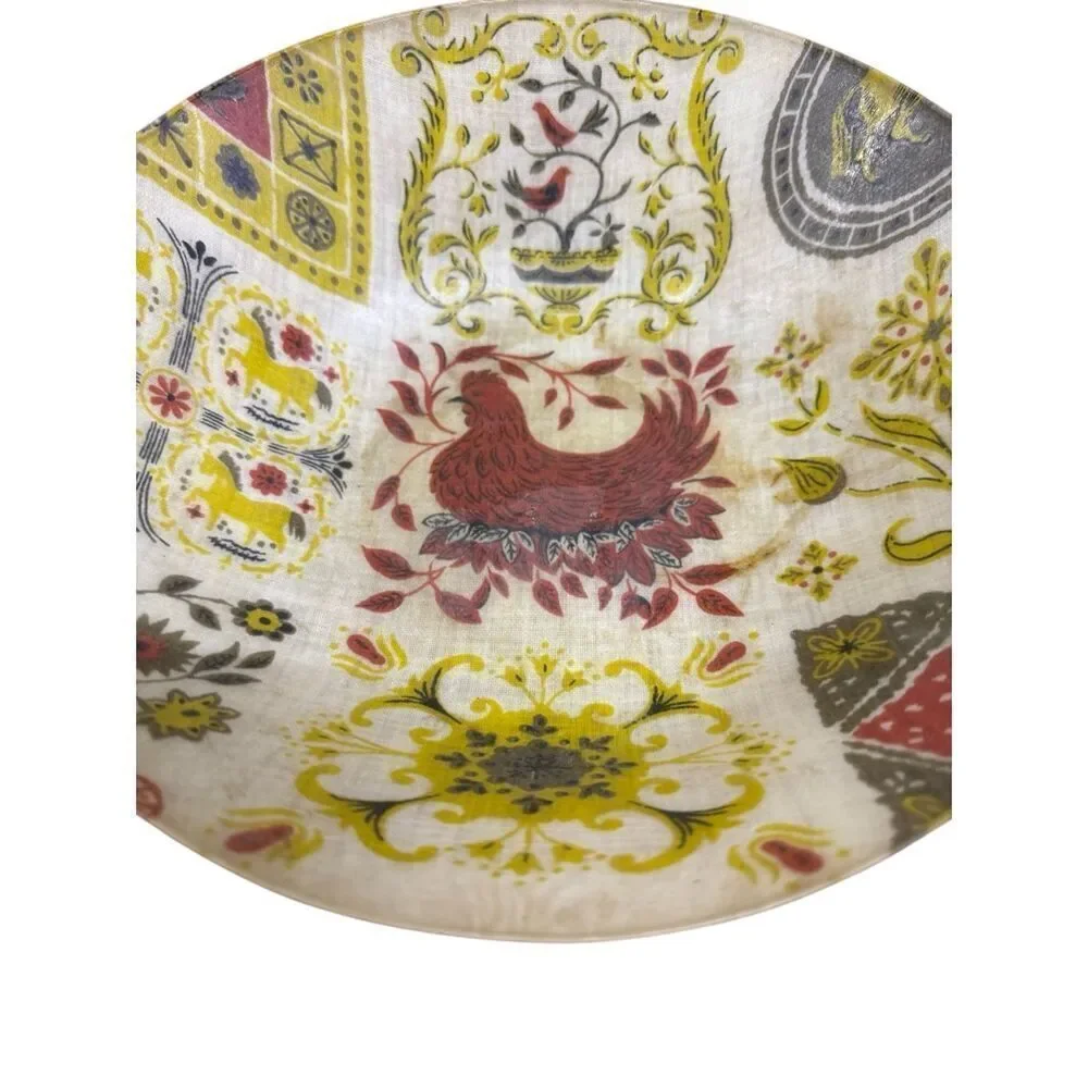 MCM Mid Century Fiberglass Bowl  Size 11” x 3” high rooster flowers
